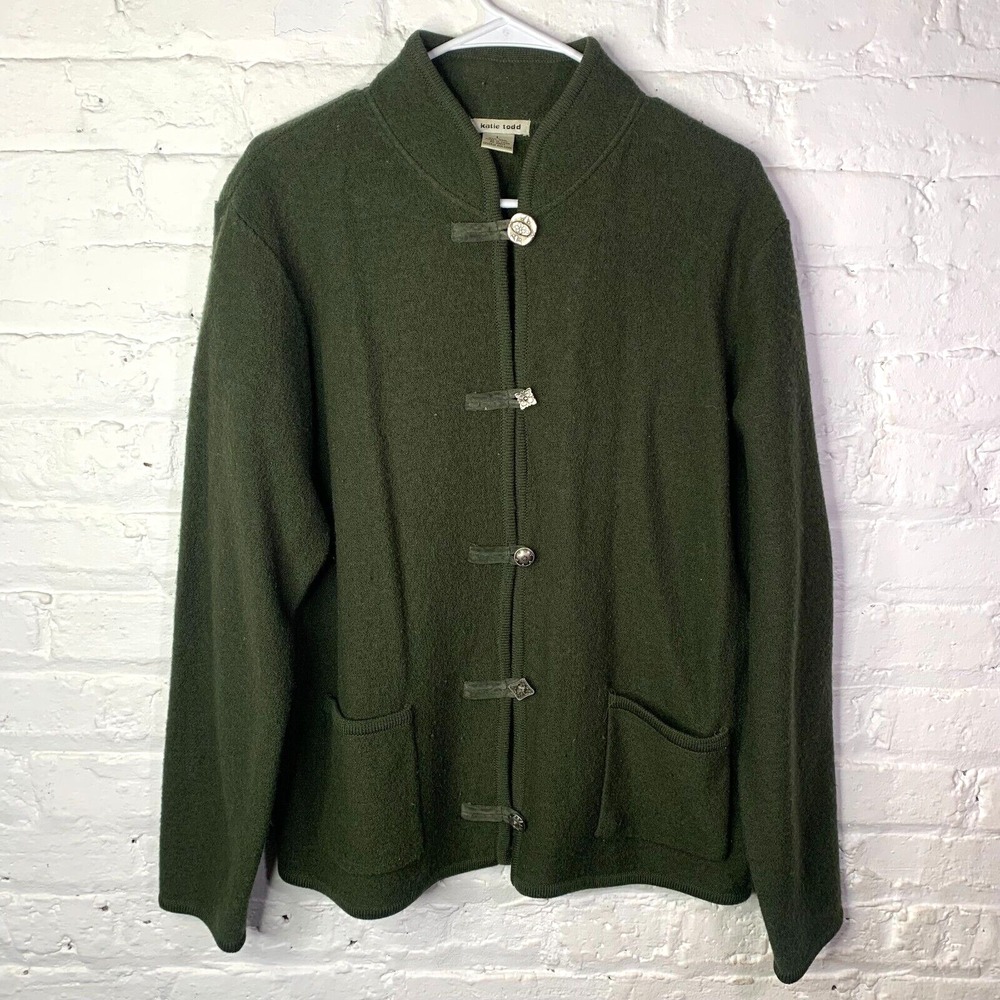 Katie‎ Todd Large Cardigan Sweater Green 100% Wool Button Pockets